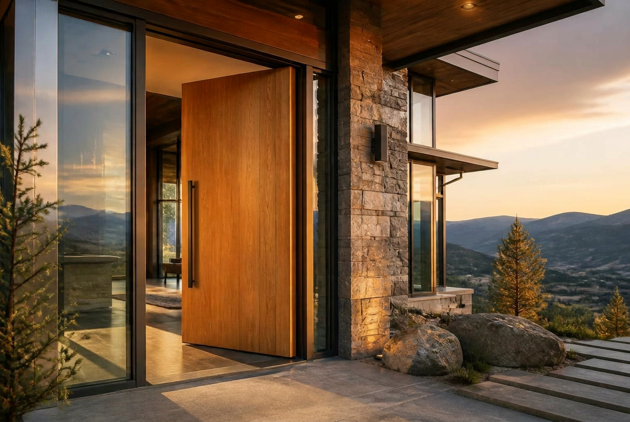 Custom oak pivot entry door on a Colorado mountain home at golden hour